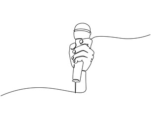 Continuous line drawing of hand holding microphone. Single line illustration of man with microphone. Reporter, media concept. Editable outline