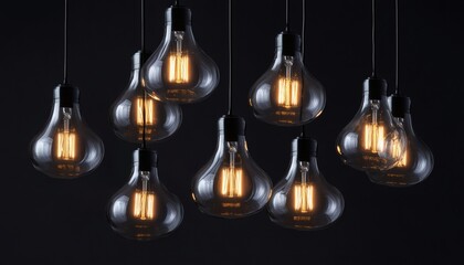 Obraz premium The image shows eight vintage-style Edison light bulbs hanging from black cords against a dark background, all emitting a warm yellow glow.