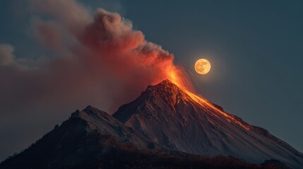 Volcanic eruption shows bright orange lava flowing down the mountain. Thick smoke rises into the sky beautifully illuminated by a full moon nearby creating a stunning night scene.