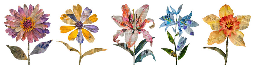 Naklejka na ściany i meble PNG Colorful floral collage art, element set on transparent background Naklejka na ściany i meble PNG Colorful floral collage art, element set on transparent background