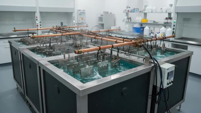 Medium shot focusing on the metallic textures and electrical components of zinc electrolysis tanks during active zinc extraction in a laboratory setting.