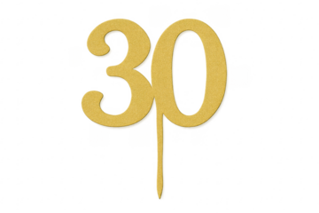 Golden glittery thirty number cake topper celebrating birthday with transparent background