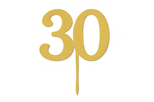 Golden glittery thirty number cake topper celebrating birthday with transparent background