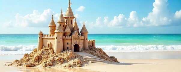 Majestic Sandcastle on Sunny Beach, Intricate Details and Gentle Tide, Regal Ephemeral Beauty