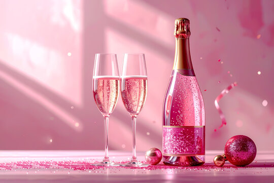 Sektglas, Champagnerflasche, Rosa, Hintergrund 