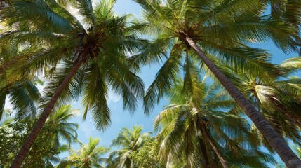 Fototapeta premium Beneath a bright blue sky tall palm trees reach upward their fronds gently swaying in the warm breeze. This tropical scene invites relaxation and a sense of escape.