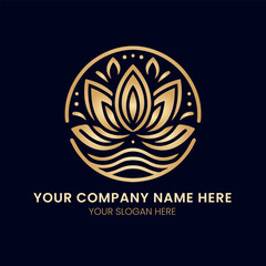 Luxurious Gold Line Art Lotus Flower and Water Logo in a Circle Frame

