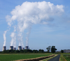 Drax Power Station showing clouds of steam from the cooling towers