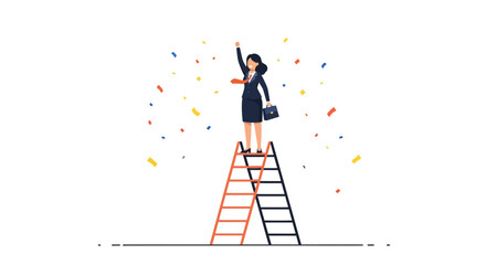 A businesswoman stands on top of a ladder celebrating, achievement of success