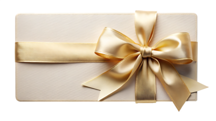 Elegant beige gift card with a luxurious satin ribbon bow and a decorative band isolated on transparent background
