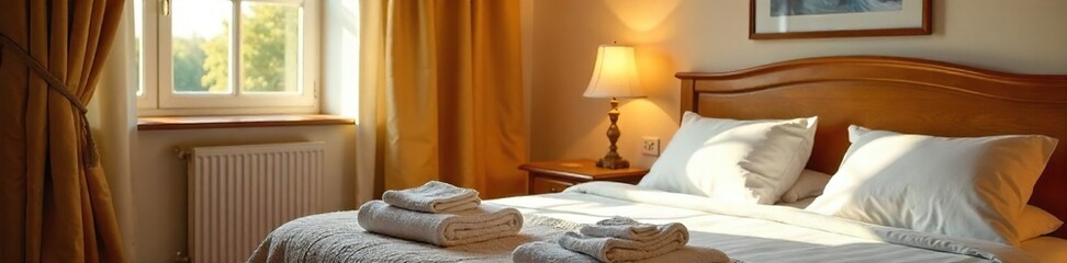 Sunny Motel Room with Freshly Made Bed, Inviting Atmosphere Perfect for a Relaxing Overnight Stay or Vacation