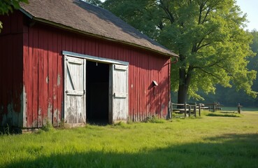 Obraz premium Old red barn with open wooden doors stands in grassy field next to large green tree. Rustic farm building exterior with weathered paint shows country setting and nature.