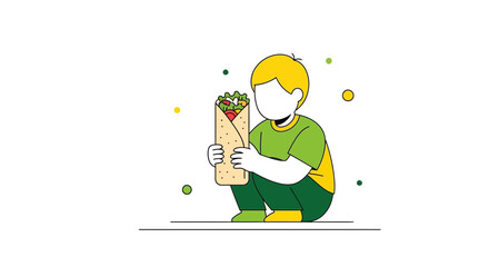 A Child Holding A Large Wrap With Fresh Ingredients, Simple Illustration