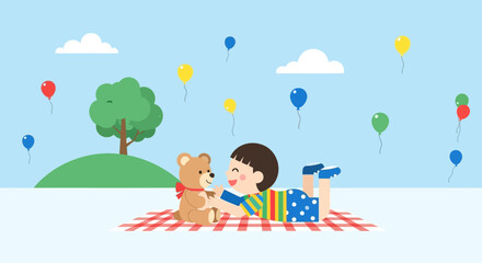 A child enjoying time with a teddy bear outdoors on a sunny day with balloons floating