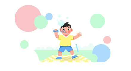 A cheerful cartoon illustration of a child blowing bubbles in a whimsical scene