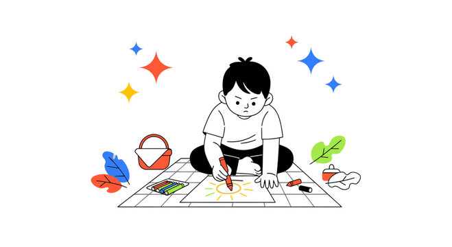 A child drawing a picture of a sun using a crayon on a mat during the day