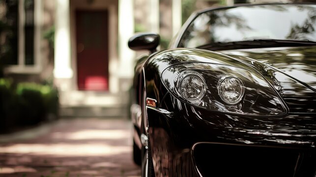 Luxury sports car parked in front of a stylish home on a sunny day