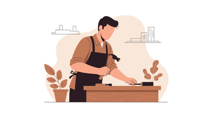 A craftsman working with wood and tools in a minimalist illustration style