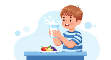 A happy cartoon boy is smiling while holding a glass of milk with fruits on a plate