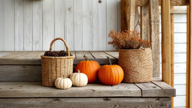 Rustic autumn decor: pumpkins and baskets on wooden steps in cozy seasonal setting