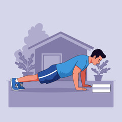 Modern Flat Illustration Young Man Doing Push Up Exercise at Home
