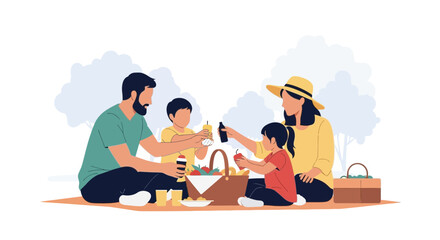 A happy family enjoying a picnic in the park with drinks and food on a sunny day
