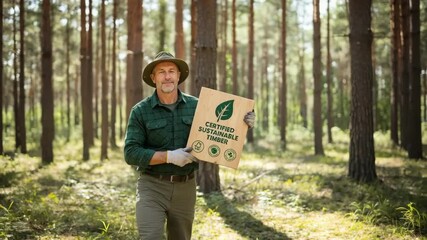 Medium shot of a forester presenting renewable timber certification with green badges underscoring commitment to preserving natural resources and promoting ecoconscious lumber
