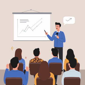 Colorful Flat Style Presenter Explaining Business Graphic Chart to Audience Illustration