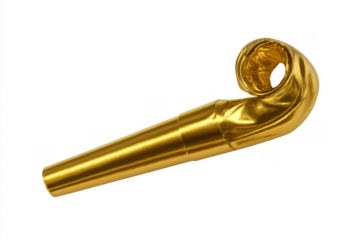 Golden party horn blower for celebrations on transparent background