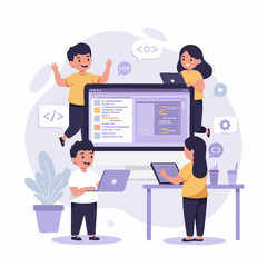 Fototapeta premium Cartoon Illustration of Young Programmers Collaborating on a Coding Project
