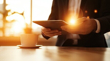 A businessman engrossed in work on a digital tablet during the morning light.