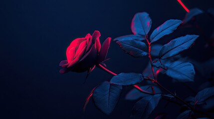 A vibrant red rose illuminated by neon light, illuminated leaves.