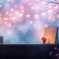 A cozy desk scene with books, a flower vase, and a blank canvas. Soft bokeh lights create a warm atmosphere