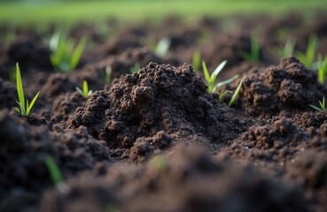 Fototapeta premium Close up of dark rich brown soil lumps. Freshly plowed garden land shows texture, small green plants grow from fertile earth. New life emerges in agricultural field, farm ground ready for spring crop