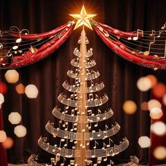 A decorated Christmas tree with a star on top, surrounded by musical notes and colorful bokeh lights