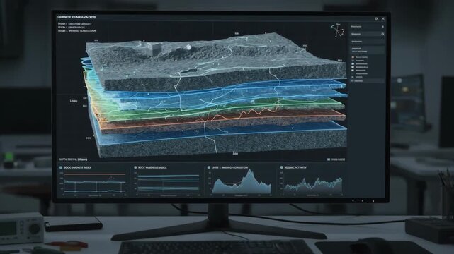 Medium shot of a digital display showcasing layered 3D visualizations of granite seams for precise subterranean rock analysis.