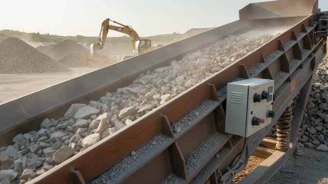 Medium shot of a vibrating conveyor system moving rough stone fragments with adjustable frequency settings in an industrial quarry environment.