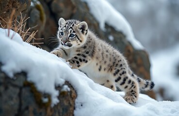 Obraz premium A young snow leopard cub with blue eyes explores snowy terrain. Its spotted fur blends with the winter landscape as it climbs over snow-covered rocks. The cub looks curious about its surroundings.