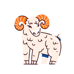 Aries zodiac sign, cute ram with curled horns. Cute doodle symbols of astrology and creativity, emphasizing Aries traits.