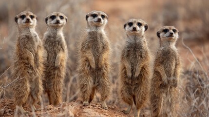 Fototapeta premium In the African savanna five meerkats stand upright scanning their surroundings with curious expressions. The sun casts a warm glow highlighting their fur and the dry landscape.