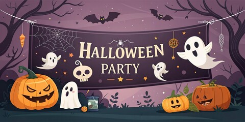 Halloween party banner with pumpkins ghosts bats and spider web in dark spooky forest .