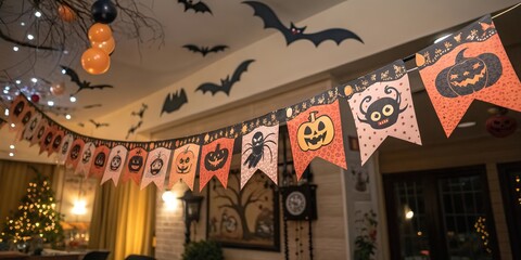 Halloween party garland with pumpkins spiders bats and festive decorations in cozy indoor room .