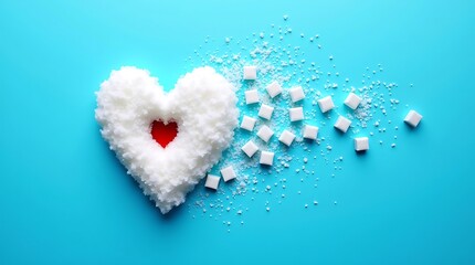 Heart shaped sugar pile with cubes and red center on blue background