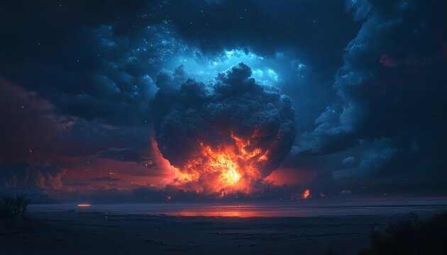 A massive fiery explosion erupts from a dark cloud formation above a tranquil beach scene at night, casting an intense orange and blue glow across the landscape.
