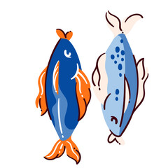 Astrological pisces zodiac sign. Astrology emblem, two blue and orange fishes. Horoscope vector art