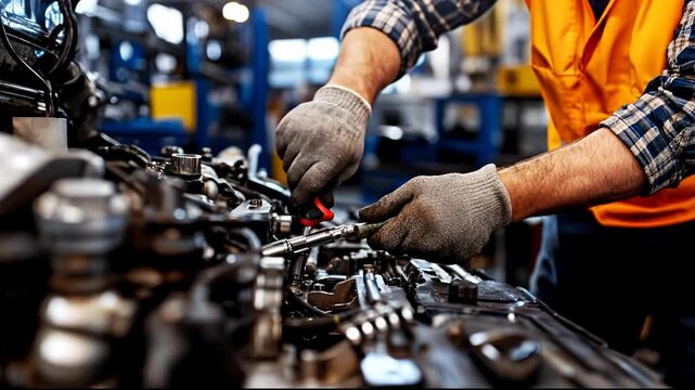 A mechanic using tools to repair machinery in a busy workshop.