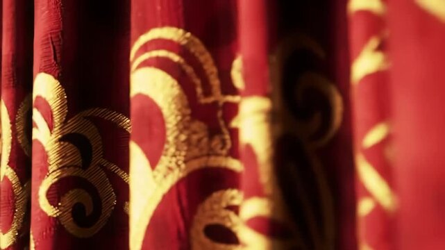 Cinematic close up pan of a luxurious red and gold theater curtain with an ornate pattern.