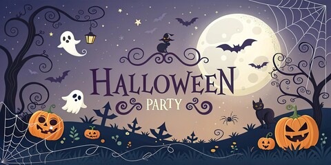 Halloween party banner with pumpkins ghosts bats and black cats under full moon .