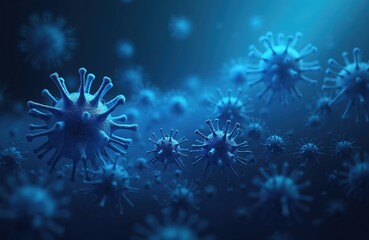Fototapeta premium Blue abstract background shows virus cells. Corona virus molecules float in dark blue fluid. Backdrop shows disease pathogens. Concept for virology, science, microbiology, medicine analysis