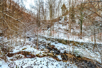 Landscape of the Escouloubres valley under the snow, in the Pyrenees in France
